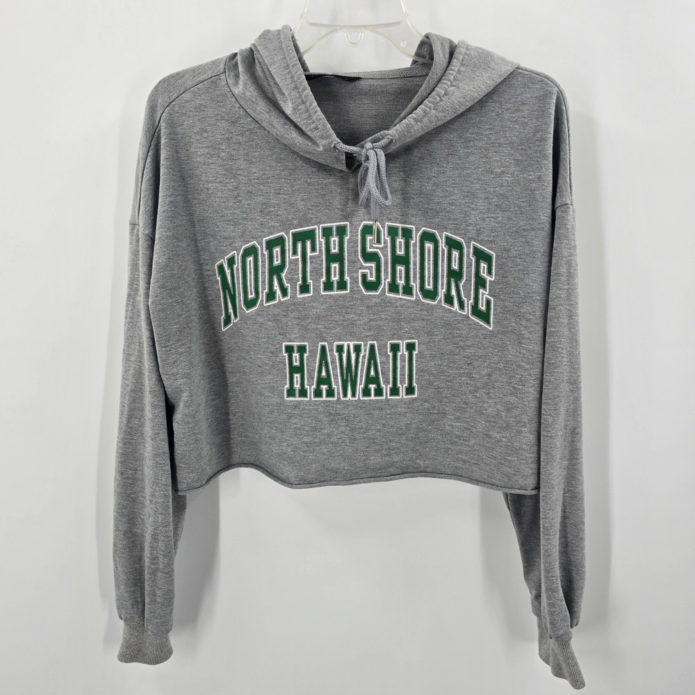 Shein North Shore Hawaii Cropped Hoodie Gray Graphic Raw Hem Sweatshirt 8/10